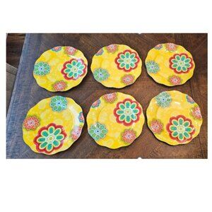 6 Melamine Pier 1 Pier One Imports Dinner Plates Yellow Scalloped Edges Flowers